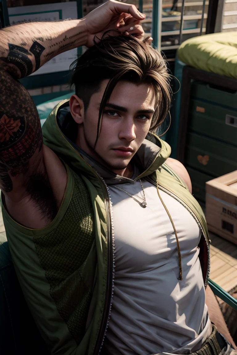 (Absurdres, intricate details, masterpiece, best quality, high resolution, 8k), GS-DeFeminize, (1man), (male:1.2), mature, aged up, handsome face, finely detailed eyes and face, slim body, cruel and twisted menacing appearance, cold, calculating expression that suggests a complete lack of empathy or compassion, dark skin, dark brown afro hair, olive green eyes, disgusted, barechested with tight skinny yoga pants, extensive details, VFX, Lens Blur, Cinematic Pose, Focal Pull, Dutch Angle Shot, Rim Light, Tone-mapping, Ambient Occlusion, Spectacular Map.