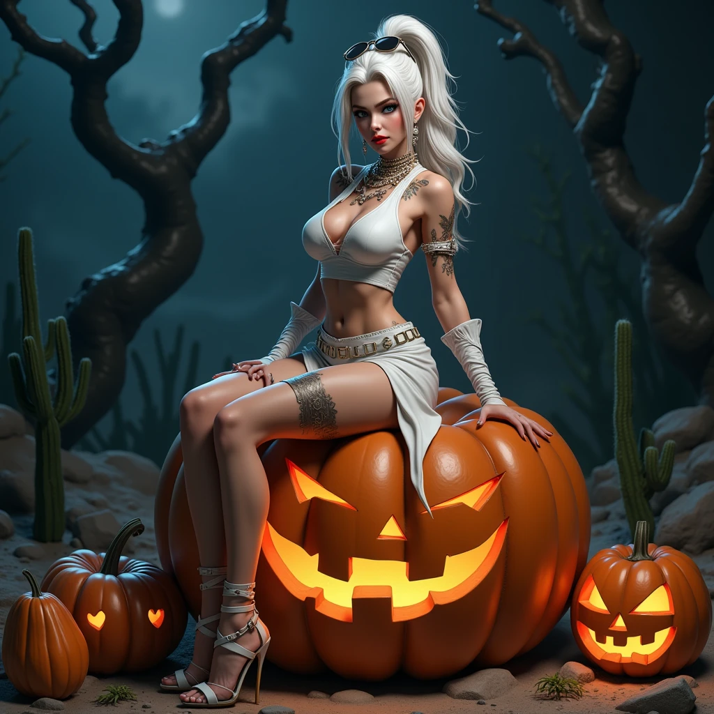 ANIME PHOTOS, ผู้หญิงที่กำลังนั่งอยู่บนpumpkinยักษ์, ((A woman with long white hair, Ponytail ,  red lips, NINJA STYLE WHITE DRESS,  thick mascara  , Sunglasses on my hair , many เจาะหู, Tattoo on thigh to leg )) , nighttime, Halloween, pumpkin, ghost, floor, Desert Forest ,  Devil Tree , เวลาnighttime,  Full Body Image , 3D rendering, Dynamic Pose , Dark tone