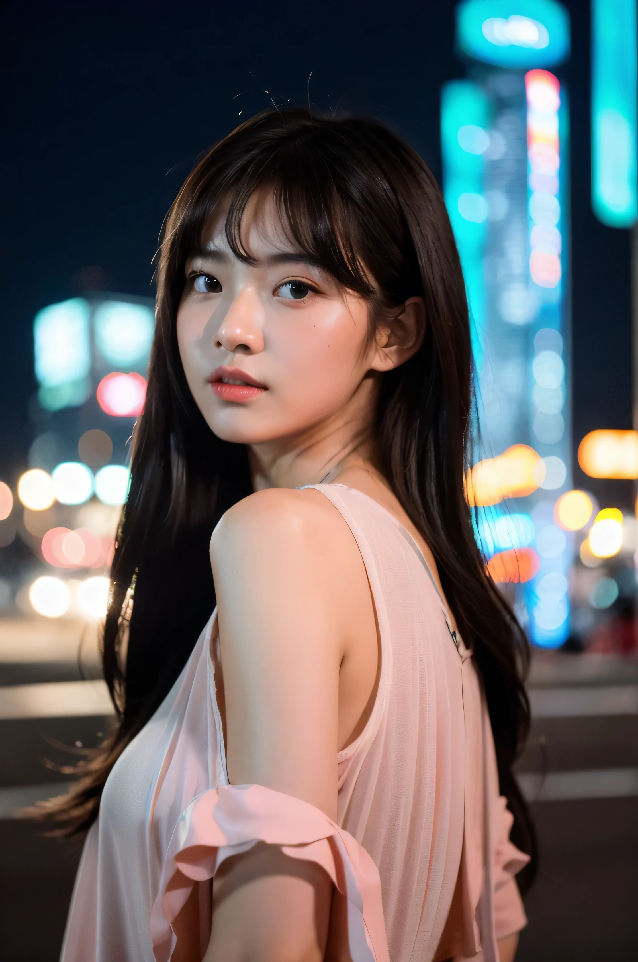 (Cinematic Aesthetic:1.4) Photo of a beautiful korean fashion model bokeh city night