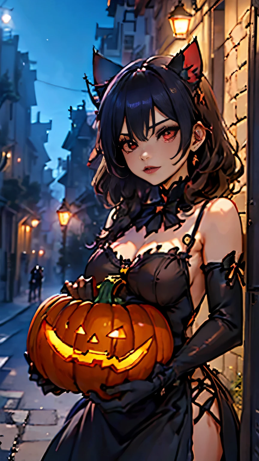 (NSFW:1.3), Uncensored, (High resolution:1.1), (absurderes:1.1), Best Quality, Ultra high definition, The highest resolution, Very detailed, Anime, 1girl, anmi, Cute Girl, mummy costume, jack-o'-lantern, sitting, crossed legs, (spider web:1.2), silk,naked bandage, porch