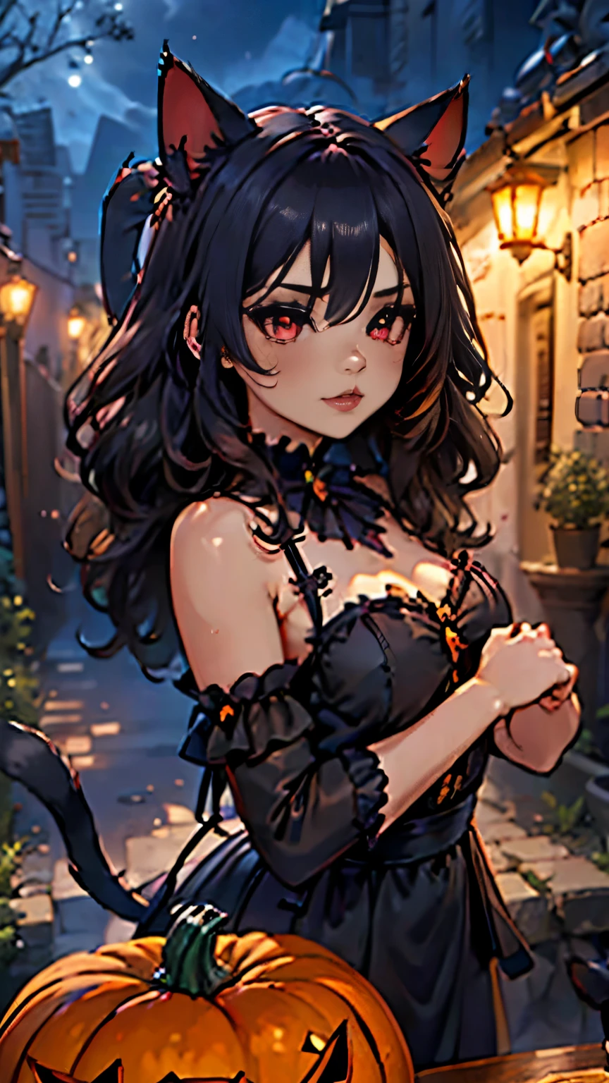 Una pareja celebrando con dulces and calabazas, (Excellent detail,  good quality , 4k, HD)1 girl junkotvv, con el cabello negro and largo con flequillo and (Cat ears) and (red eyes),( high resolution, masterpiece :1.2),Numerous pumpkin lanterns,Flying bats,Adorable skeletons, ((Halloween pumpkin)), (the theme of halloween), (candles), (brick wall), (Dark theme),(particles), (autumn), ((((un chico con el cabello largo negro ojos cafes and sin Cat ears))))