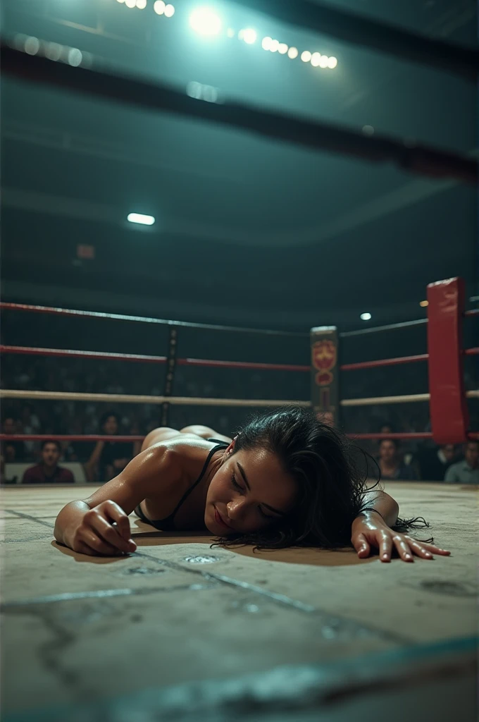 Athletic attractive 30 year old asian woman with muscular arms wearing sports bra and shorts kneeling on ground celebrating winning wrestling match in wrestling gym, sweaty. Her shirtless male opponent lying next to her injured and crying in pain, blood on face and chest, sweaty. Her hand on his chest. Crowd watching in background