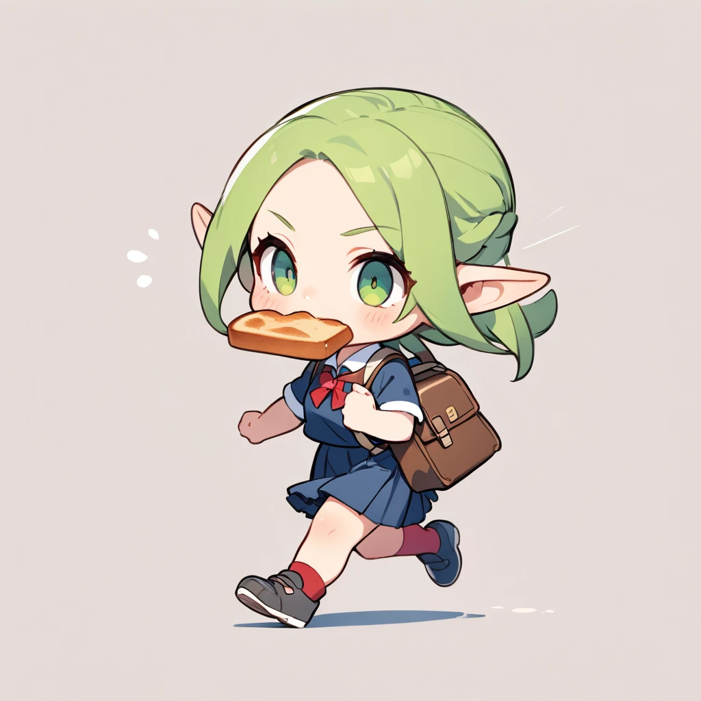 ultra-small deformation, Chibi Cute, 1 feminine Elf, Feminine face, solo, full body, She is running in a hurry, holding a piece of toasted bread in her mouth, high school uniform, Boston bag-style school bag. simple background