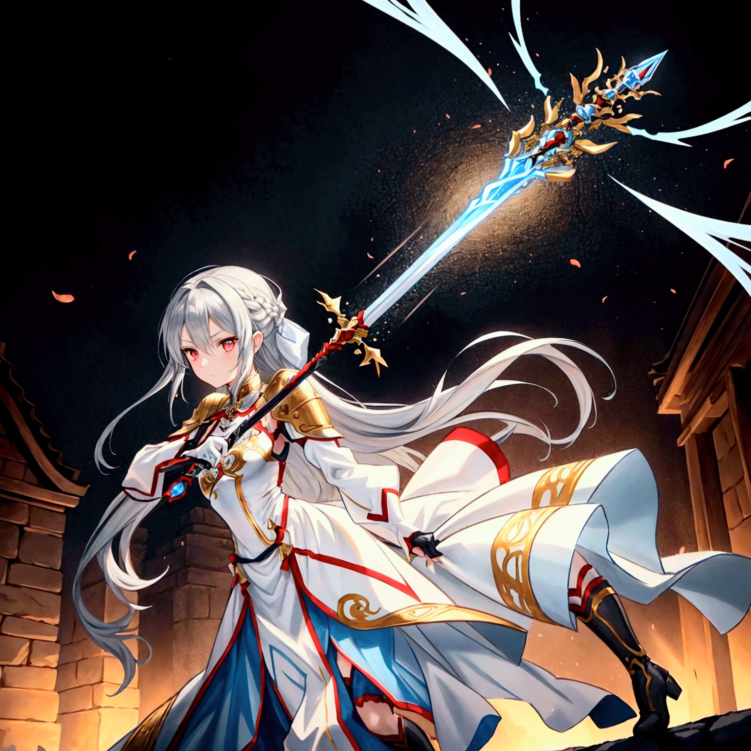 "A slender woman with long, flowing black hair, standing at 160 cm tall, weighing 45 kg, with a petite chest. Her eyes are a soft, pale blue, giving her a mysterious aura. She is wearing an outfit inspired by Asuna from SAO, featuring a sleek and elegant white dress with red and silver armor-like accents. The outfit includes intricate details, such as a fitted bodice, red ribbons, and metallic designs on the sleeves and boots, giving her a warrior-like yet graceful appearance. In her hand, she holds a beautifully crafted rapier, inspired by Asuna’s weapon from SAO. The rapier features an intricate hilt with silver and blue accents, and the blade is long, slender, and razor-sharp, catching the light as it moves. The crossguard is delicately carved, with ornate patterns running down to the handle, offering both elegance and functionality. She is posed mid-action, swinging the sword with precision and grace, her body turning dynamically as the blade cuts through the air, leaving a trail of energy behind. The background depicts a dimly lit, ancient temple, with flickering torches casting shadows on weathered stone walls, adding a sense of mystery and depth to the scene. The image is rendered in ultra-high quality, capturing every fine detail with stunning clarity, from the flowing movement of her dress and hair to the shining armor pieces, and the precise, glowing effect of the rapier in motion."