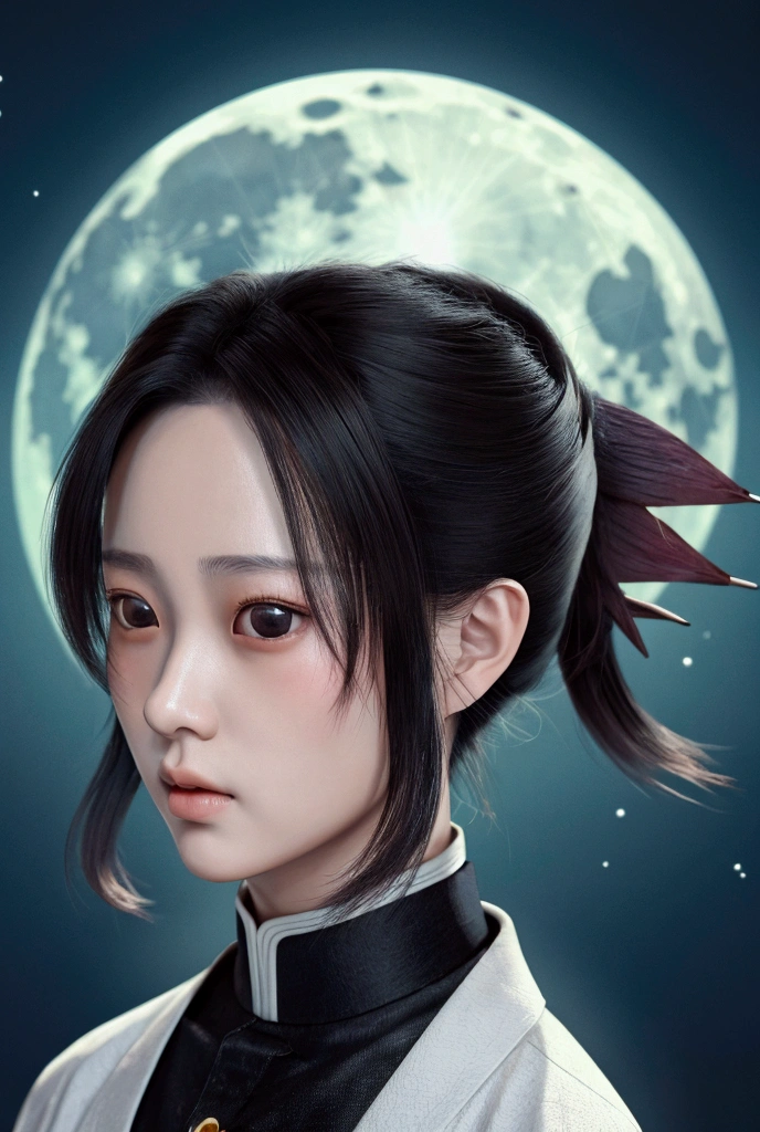 masterpiece, Demon slayer、Shinobu Kocho、kochou shinobu,realism、 perfect face、8k,16k, High Resolution , accurate,  high definition models, high quality,  ultra-fine,  textured skin, background（Giant Moon）
 1 girl, 