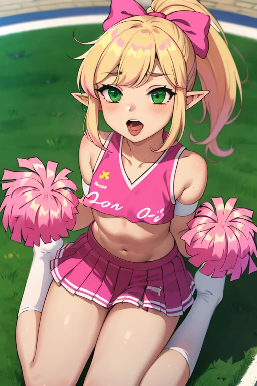 masterpiece, best_quality, 1girl, solo, femboy, link, the legend of zelda, cheerleader, cheerleader_link, pink cheerleader costum, ponytail with pink bow, blonde hair, green eyes, small breasts, kneeling, front, from above, pov, open mouth, tongue out