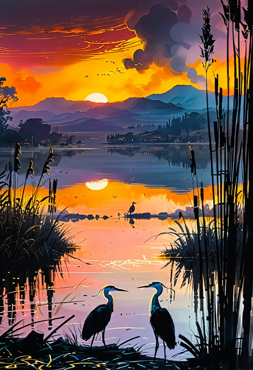 Sunset on the lake, impressionism, bright and vibrant colors, reflections, golden reed reflections, silhouettes of herons, dramatic contrast, misty atmosphere, distant hills, 19th century charm, sharp focus, gold leaf, emitting diodes, smoke, artillery, sparks, racks, system unit, motherboard, by pascal blanche rutkowski repin artstation painting hyperrealism detailed character design concept art matte painting, 4k resolution Blade Runner