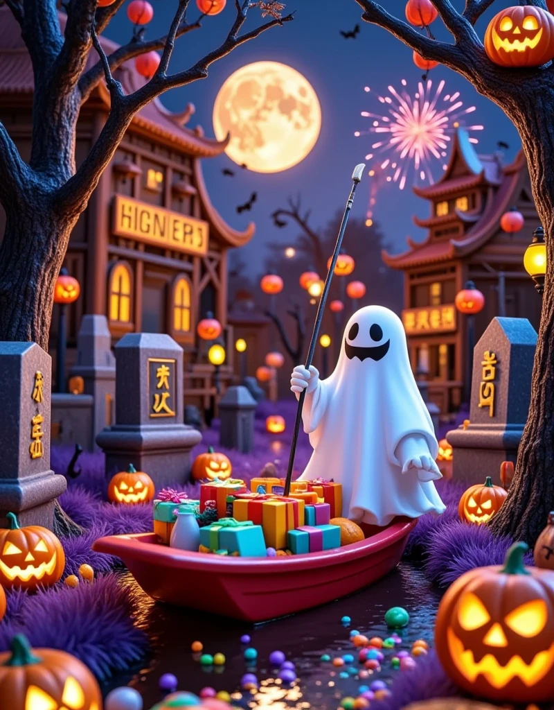 This image is photograph a Halloween scene. It shows a cemetery with a full moon in the background. The ground was covered with purple grass,and a few carved pumpkins were scattered around. On the left side of the image,there is a tree with a jack-o '-lantern hanging from its branch. Next to the tree,there were two tombstones,and bats were flying around them. In the center of the cemetery,a white ghost perches on a branch. The grimace looks very happy with a big smile on it. The atmosphere of the whole scene is grim and festive., The photo is a digital illustration of a small white ghost sitting in a red boat on the river,holding a fishing rod in his right hand. The boat was filled with gift boxes and other items,looking into the distance., In the background are several traditional Chinese buildings with red lanterns hanging from the roofs. The buildings are decorated with Chinese characters and symbols,the river is calm,and fireworks explode in the background. The atmosphere of the whole scene is festive, (Realistic Photography)