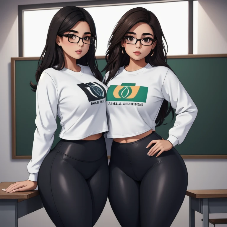 A cute petite short skinny wide thick hips nerdy mexican teen, short wild volumetric hair, one wearing glasses, beautiful detailed brown eyes, cutely detailed lips, extremely cute detailed eyes and face, wide curvy pearshaped hips, thick thighs, long sleeve t shirt tucked in long leggings pants, full body photo, masterpiece, photorealistic, 8k, vivid colors, studio lighting, professional, standing in classroom,1girl, 