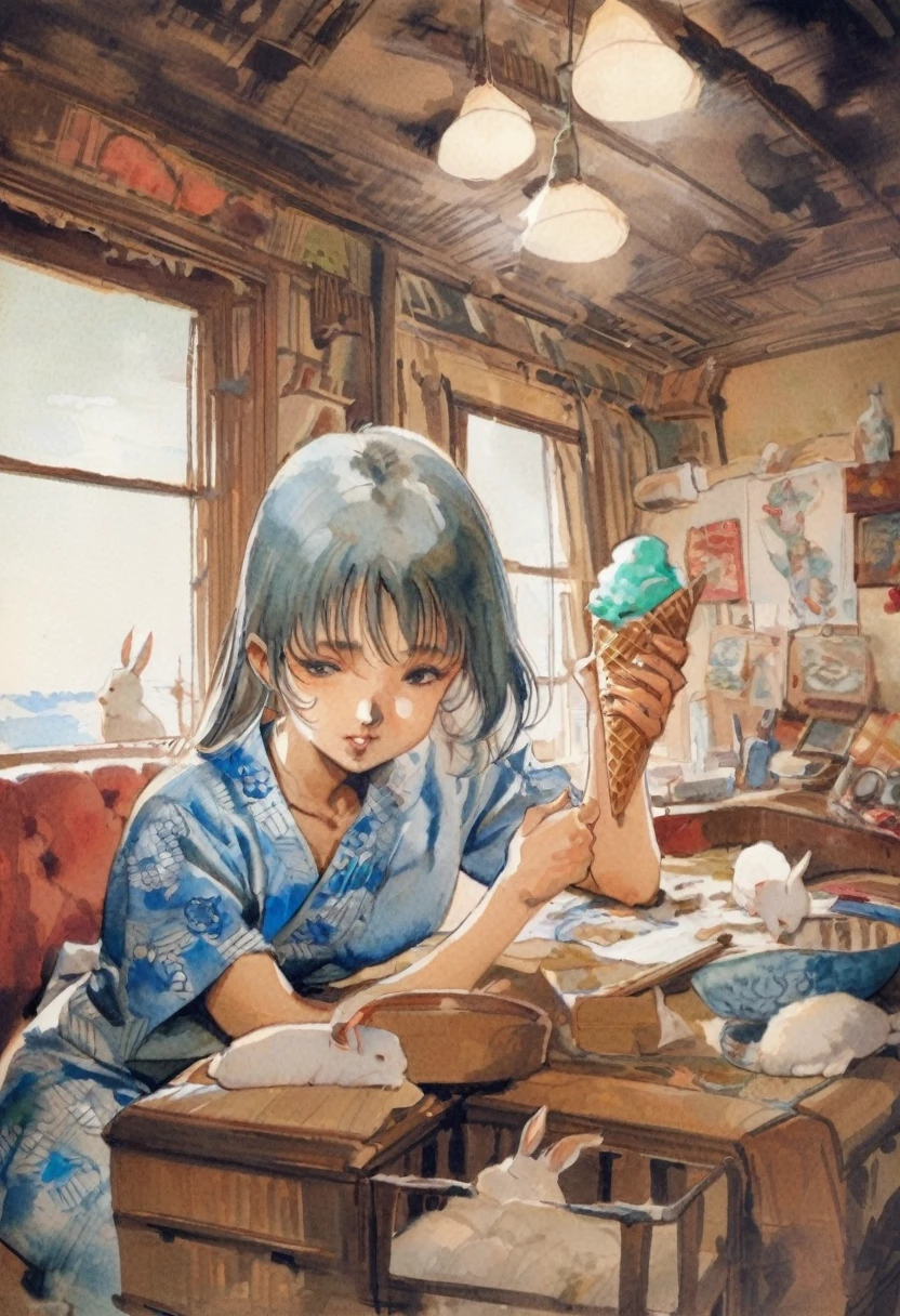   close-up .  1 girl,　White Shortcut, neutral girl,  Sky blue thin yukata with a white rabbit pattern , Bored look, Have a colorful ice cream cone,  sit next to a fluffy white rabbit style ice cream truck,  antique museum-like interior 、 lots of worn antique old utensils in the room , Afternoon atmosphere , masterpiece, Highest quality,   very aesthetic, Ridiculous traditional media , watercolor, 1980