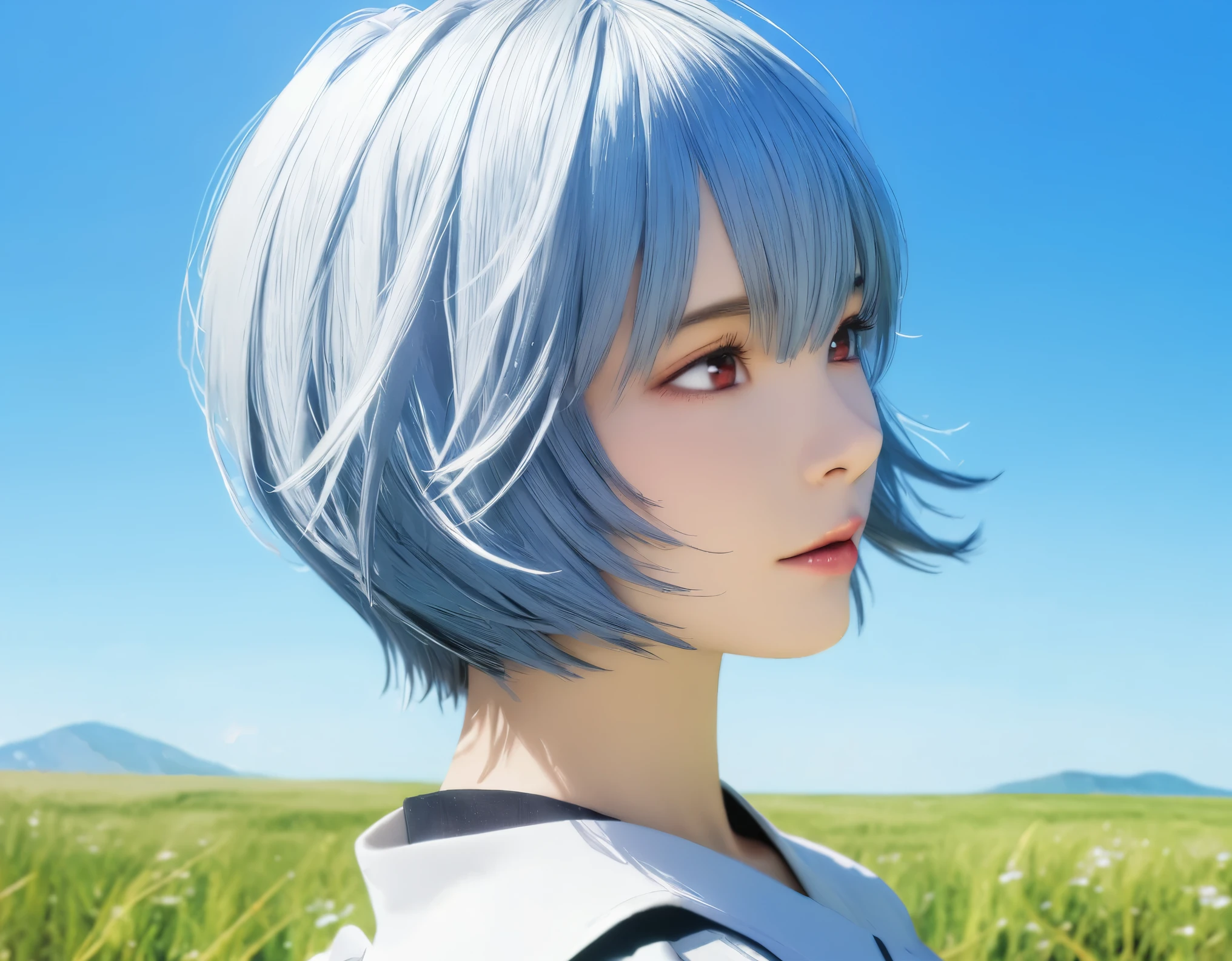 (best quality, 8k, high resolution:1.2), 1girl, ayanami_rei, grassland, blue sky, upper body