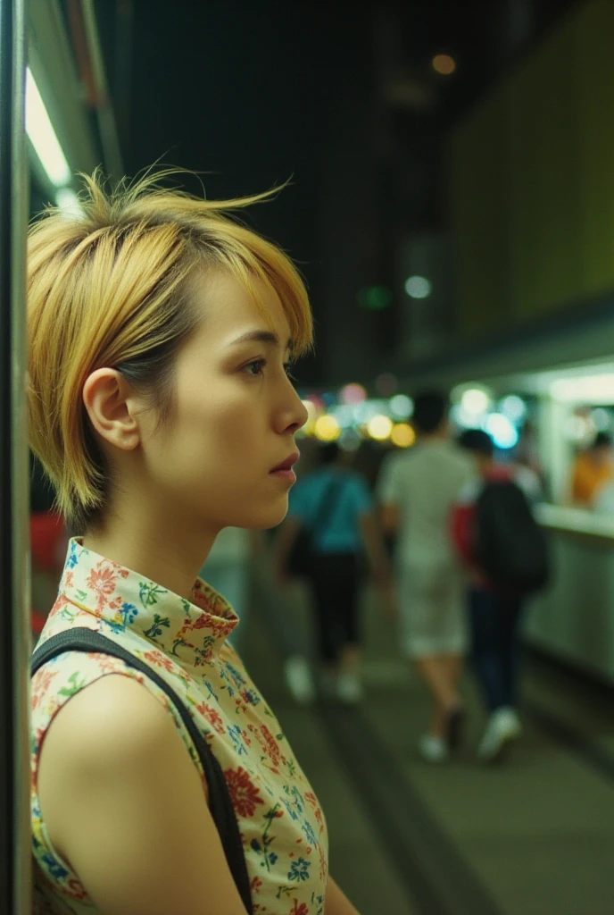 Cinematography, Wong Kar-wai、Profile portrait of a Japanese woman、Age 25，Short messy blonde hair， woman looking out of the train window while pensive. What you can see from the train window is Tokyo at night . Realistic, 4K quality,  textured skin ,  photograph taken on vintage film 、Rediscovered、 Grainy Emotional Quality 、Faded photo、Early 90s vibe、Old Photos,Background blur