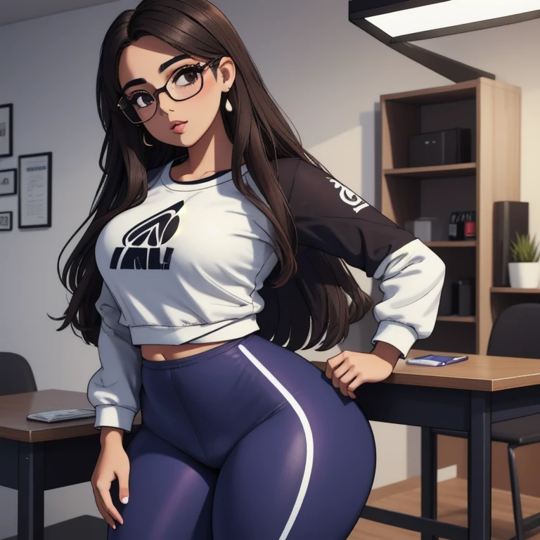 A cute petite short skinny wide thick hips nerdy mexican teen, short wild volumetric hair, one wearing glasses, beautiful detailed brown eyes, cutely detailed lips, extremely cute detailed eyes and face, wide curvy pearshaped hips, thick thighs, long sleeve t shirt tucked in long leggings pants, full body photo, masterpiece, photorealistic, 8k, vivid colors, studio lighting, professional, standing in classroom,1girl, 