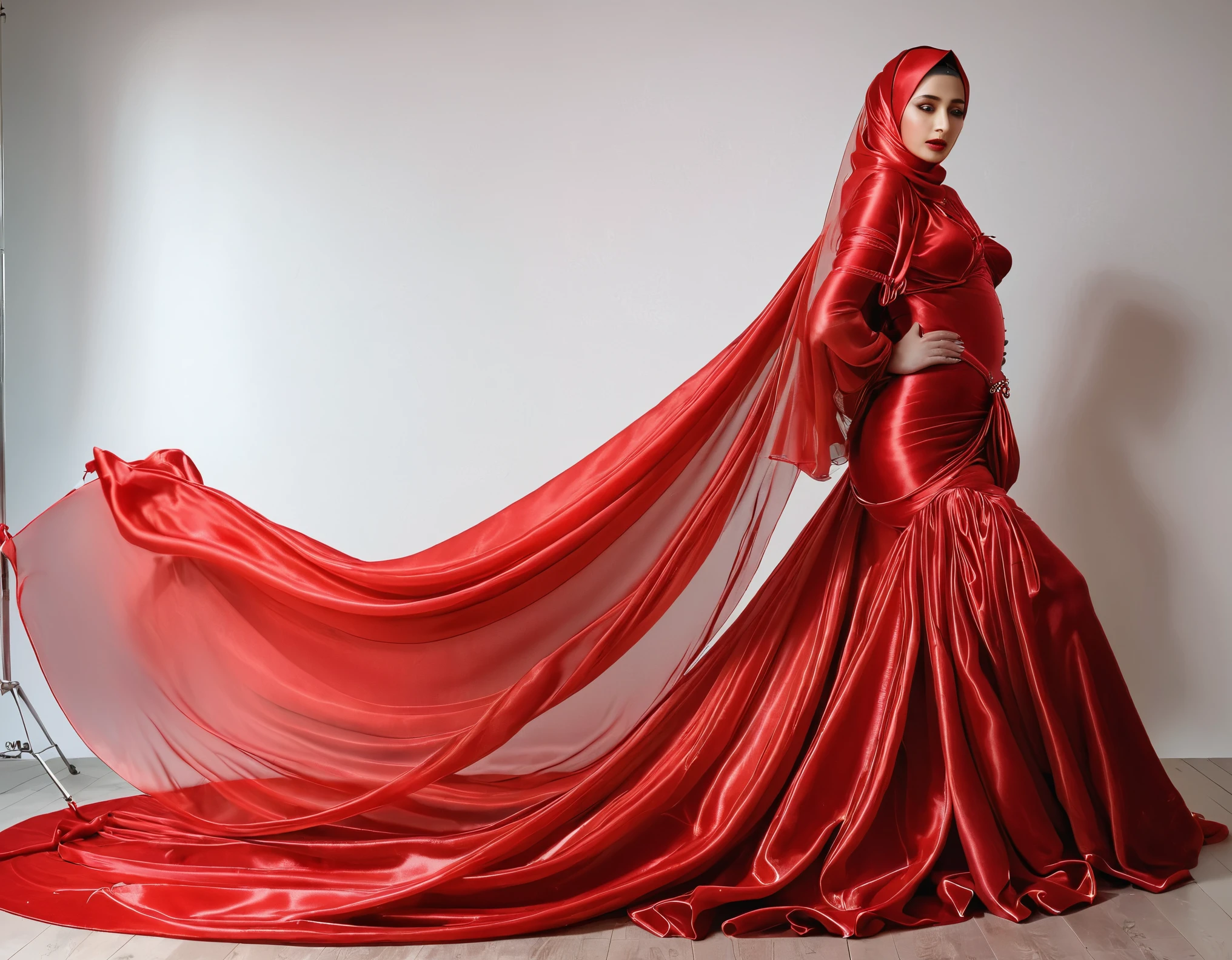 A woman shrouded in a 10-meter-long, plush red semi transparent satin shimmer cloth, slim body with big breast, tightly bound and grandly draping along the form of her body, flowing off into a pooled floor-length train, styled in a mermaid-inspired outfit, her head modestly veiled in a satin hijab, tall woman, strugle to move, standing in photo studio, a full-body pose conveying a sense of mysterious elegance, captured in a 4k resolution, ultra-realistic