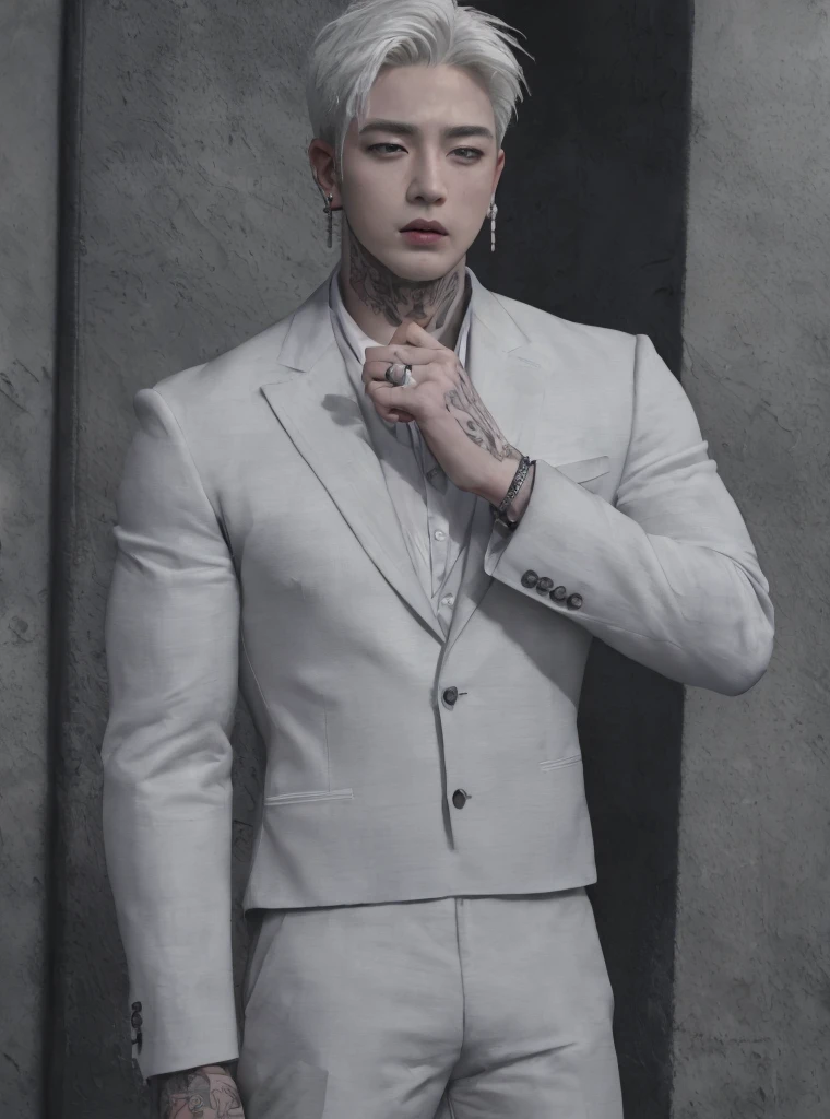 (8k photo, best quality, masterpiece:1.2),(realistic, photo-realistic:1.37) young ,handsome man, Mark Tuan, Got7, white skin, detail face, grey bright eye, white hair, black suit, bad boy, yakuza, tattoo, smoke cigarrate, a lots gangster night town in backdrop, action pose, skull earring, necklage,