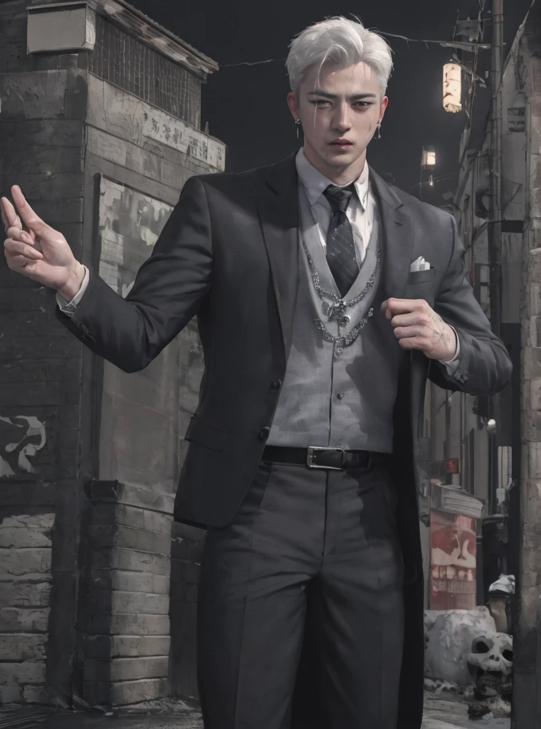 (8k photo, best quality, masterpiece:1.2),(realistic, photo-realistic:1.37) young ,handsome man, Mark Tuan, Got7, white skin, detail face, grey bright eye, white hair, black suit, bad boy, yakuza, tattoo, smoke cigarrate, a lots gangster night town in backdrop, action pose, skull earring, necklage,