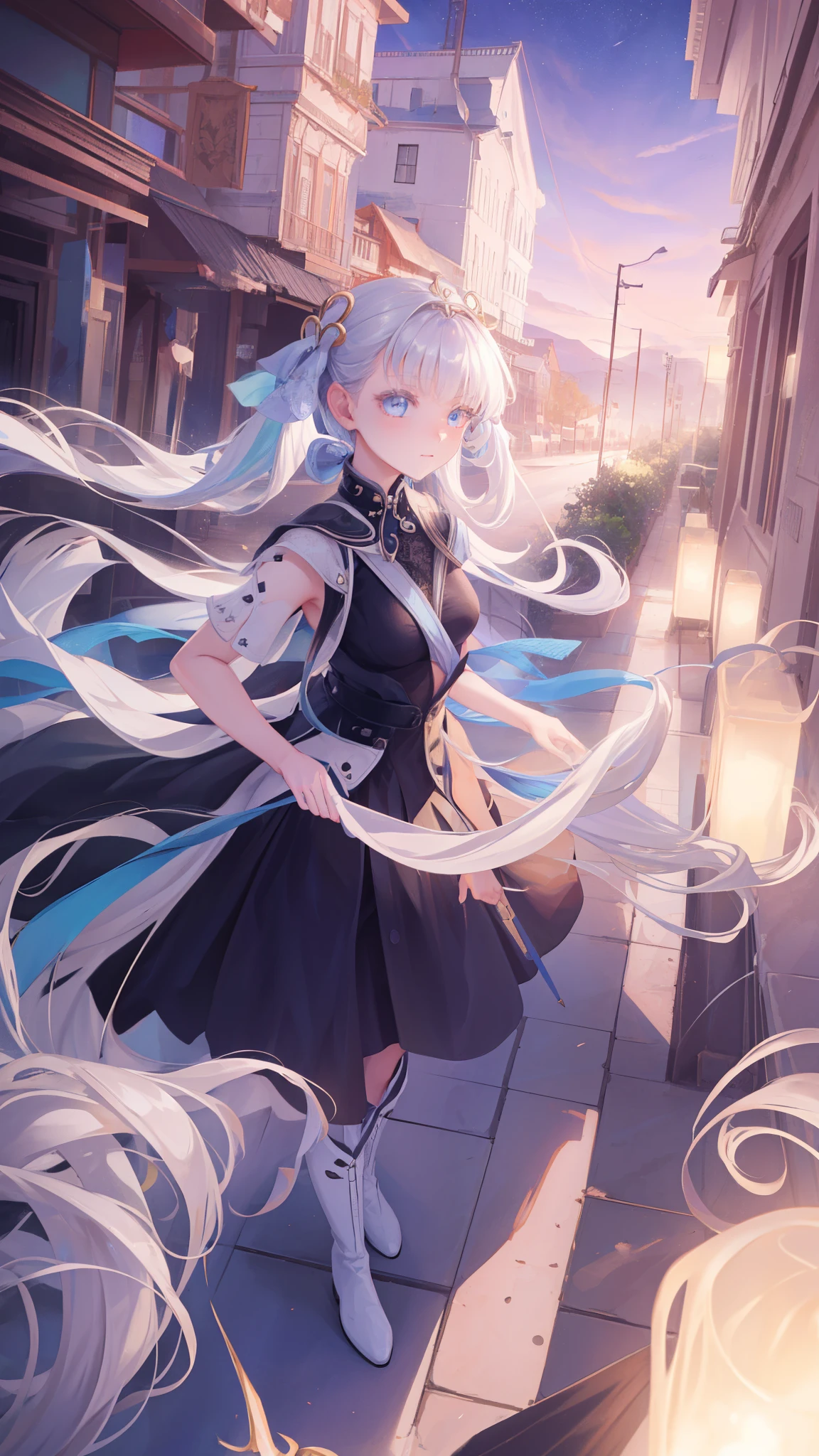  teenage girl ，obsessed，  Have Fun  ，in love，(Big black spiral dress )，Silver Hair，Blue Eyes，Transparent clothes，Exquisite hair accessories，Transparent lace，Sky blue pattern，night，Dress nicely，bedroom，solitary，night，Engraved suspender boots，  slim and beautiful face 