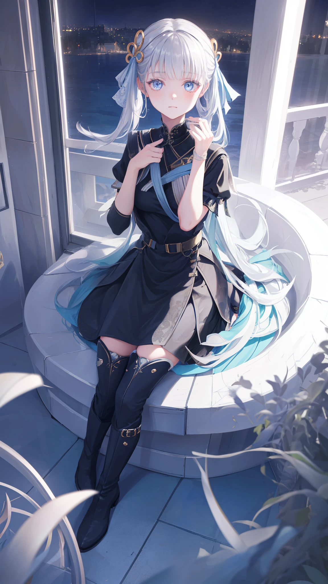  teenage girl ，obsessed，  Have Fun  ，in love，(Big black spiral dress )，Silver Hair，Blue Eyes，Transparent clothes，Exquisite hair accessories，Transparent lace，Sky blue pattern，night，Dress nicely，bedroom，solitary，night，Engraved suspender boots，  slim and beautiful face 