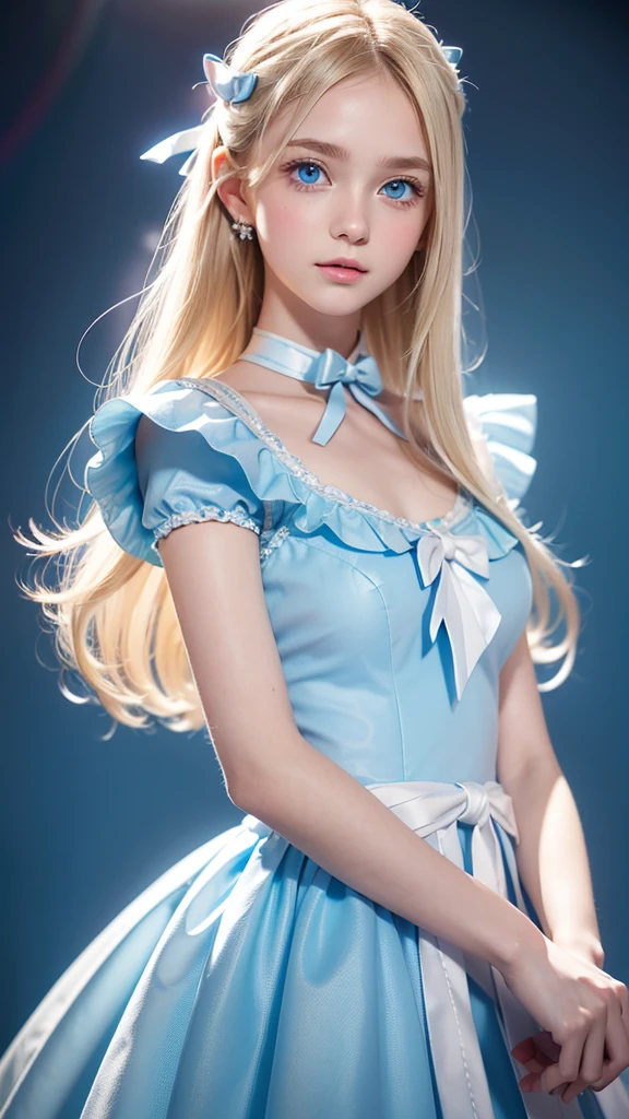 (Super detailed),  cute light blue princess dress,(Frill dress),(Short sleeve),blue eyes, upper body、close、face、かわいい笑face,Look forward, 20 years old, Teenage Girl,No tail,(No tail),2D, masterpiece, Best Quality, And soul, Fine grain, big, bright, light blue eyes that shine beautifully、Detailed face, With a girl, Just One,blonde super long hair, (blonde),  Ear hair, , Single Blade, (Single Blade), ( side blade),  pink ribbon,  bow on neck, (White sleeves), Background blur