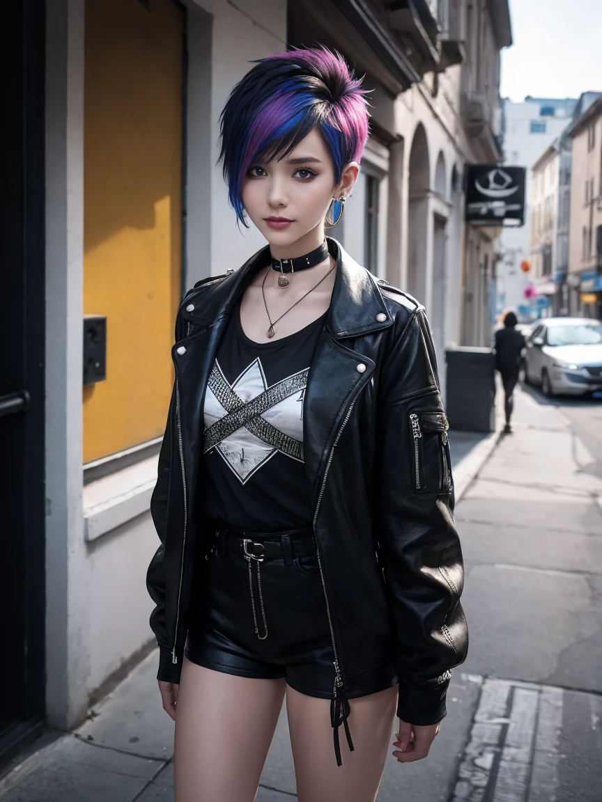 (zendaya), at the the Grand Central Terminal, cinematic, full body shot,facing the viewer, whole head in frame, detailed face, detailed eyes, evening, punk aesthetic, pale blue ripped jeans, braces, suspenders, black boots, white shirt, skull, heart, necklace, chain, bullets, black leather jacket, dark blue beanie, tattoo sleeve, dyed hair, light purple roots, blue ends, navy T-shirt, rock, chick, messy hair, Full body, Beautiful anime waifu style girl, cameltoe, sitting with legs spread, longing gazing hungry sexy facial expression, arms behind back, hands not visible