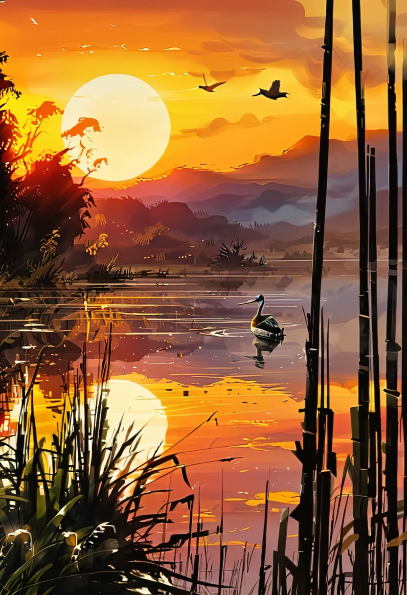 Sunset on the lake, impressionism, bright and vibrant colors, reflections, golden reed reflections, silhouettes of herons, dramatic contrast, misty atmosphere, distant hills, 19th century charm, sharp focus, gold leaf, emitting diodes, smoke, artillery, sparks, racks, system unit, motherboard, by pascal blanche rutkowski repin artstation painting hyperrealism detailed character design concept art matte painting, 4k resolution Blade Runner