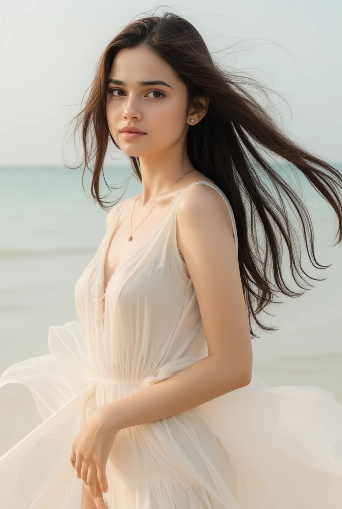 (photorealistic:1.4),Realistic, high quality, Photo, cinematic, still from the film,(sharp focus:1.2)1 beautiful Korean girl, 20 years, Beautiful face, Wavy hair, (large natural breasts:1.2), lush lips, in a white long dress with an open neckline, (outdoor,walking by the Egyptian desert, a lot of sand, her hair flutters in the wind, only sand, overcast, moody lighting, evening)