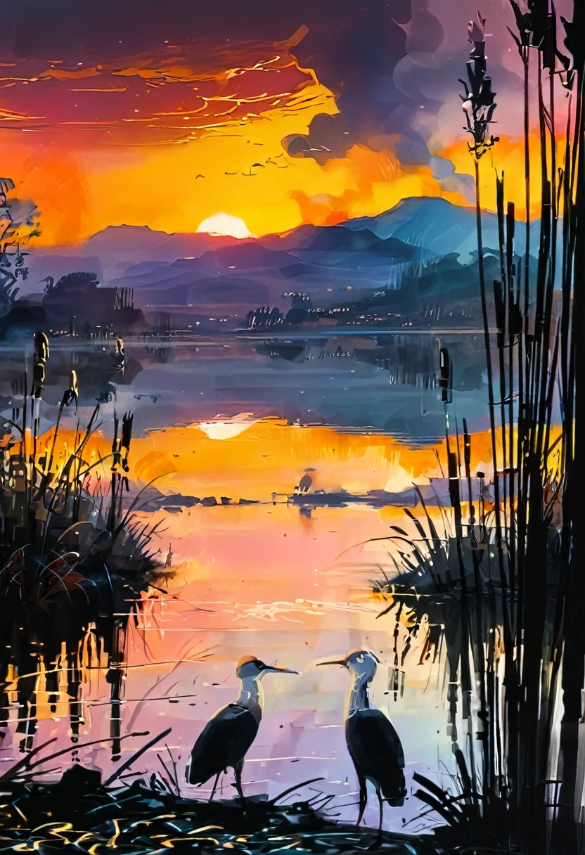 Sunset on the lake, impressionism, bright and vibrant colors, reflections, golden reed reflections, silhouettes of herons, dramatic contrast, misty atmosphere, distant hills, 19th century charm, sharp focus, gold leaf, emitting diodes, smoke, artillery, sparks, racks, system unit, motherboard, by pascal blanche rutkowski repin artstation painting hyperrealism detailed character design concept art matte painting, 4k resolution Blade Runner