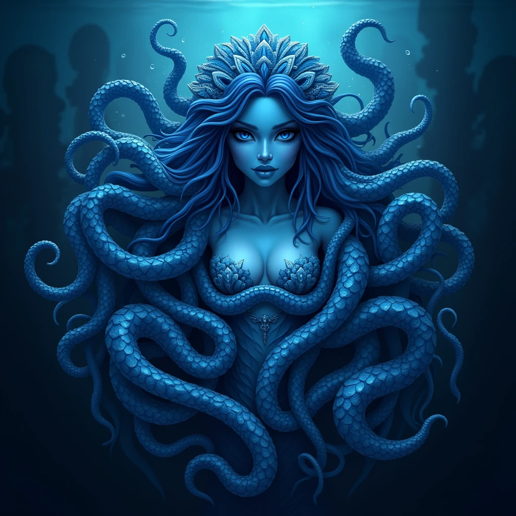 (high quality), (ultra quality), a woman wearing a tight wetsuit is raped by a giant tentacle monster, underwater, (under water), drowning, gasping for breath, glossy blue wetsuit, horror, giant creature, scary monster, many tentacles, bondage, captive, struggling, anxious, scared, terrified, perfect body, large breasts, deep waters, alien creature, trapped