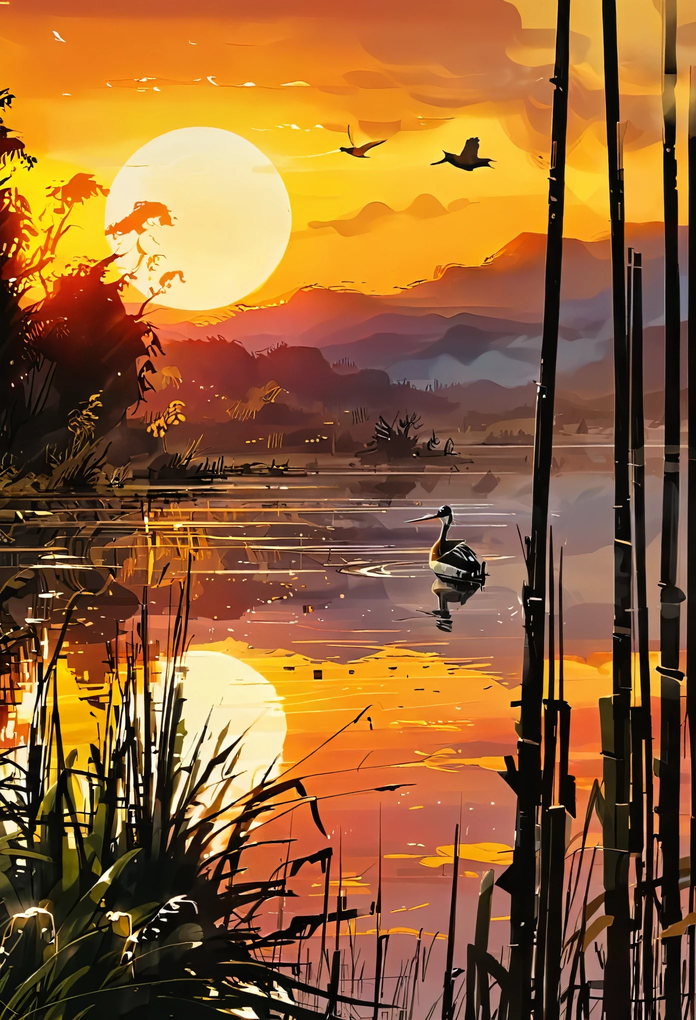 Sunset on the lake, impressionism, bright and vibrant colors, reflections, golden reed reflections, silhouettes of herons, dramatic contrast, misty atmosphere, distant hills, 19th century charm, sharp focus, gold leaf, emitting diodes, smoke, artillery, sparks, racks, system unit, motherboard, by pascal blanche rutkowski repin artstation painting hyperrealism detailed character design concept art matte painting, 4k resolution Blade Runner