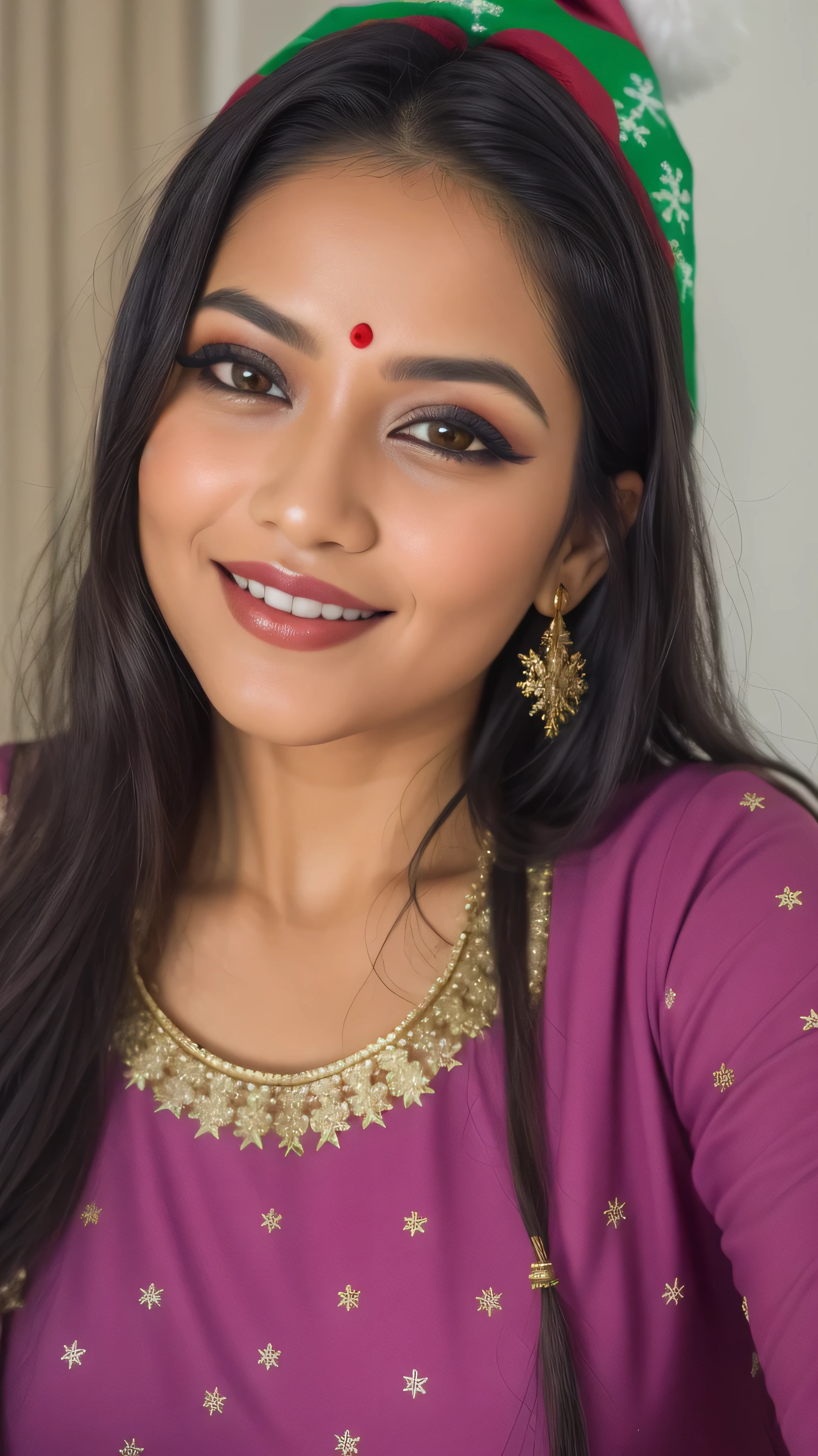 a close up of a woman with long hair wearing a purple shirt, assamese aesthetic, beuatiful face, traditional makeup, with professional makeup, with lovely look, traditional beauty, with accurate face, joyful look, beautiful round face, with round face, with a beautifull smile, beautiful cute, indian, wearing bihu dress mekhela sador,HD, (finest details), (best quality), Merry, Christmas decorations, night, Christmas theme, Christmas gifts, Christmas tree, best quality, high resolution, Christmas decorations, lights, snowflakes, (( (Red Christmas hat))),