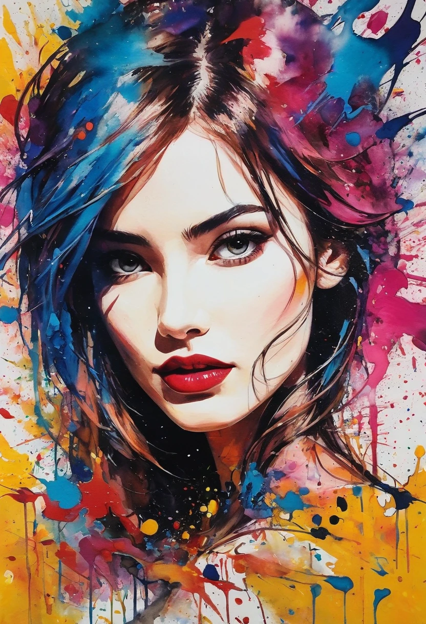 (best quality, oil painting, fancy, sharp focus), Jackson Pollock, portrait Painting, (Splash and drip art minimalism:1.1), canvas white background, studio, style painting magic, splash art, ((white background)), contour, Expressive Strokes: The brushstrokes are visible and expressive, contributing to the painting's emotional intensity. Thick, impasto strokes add texture and depth. sexy lady contour