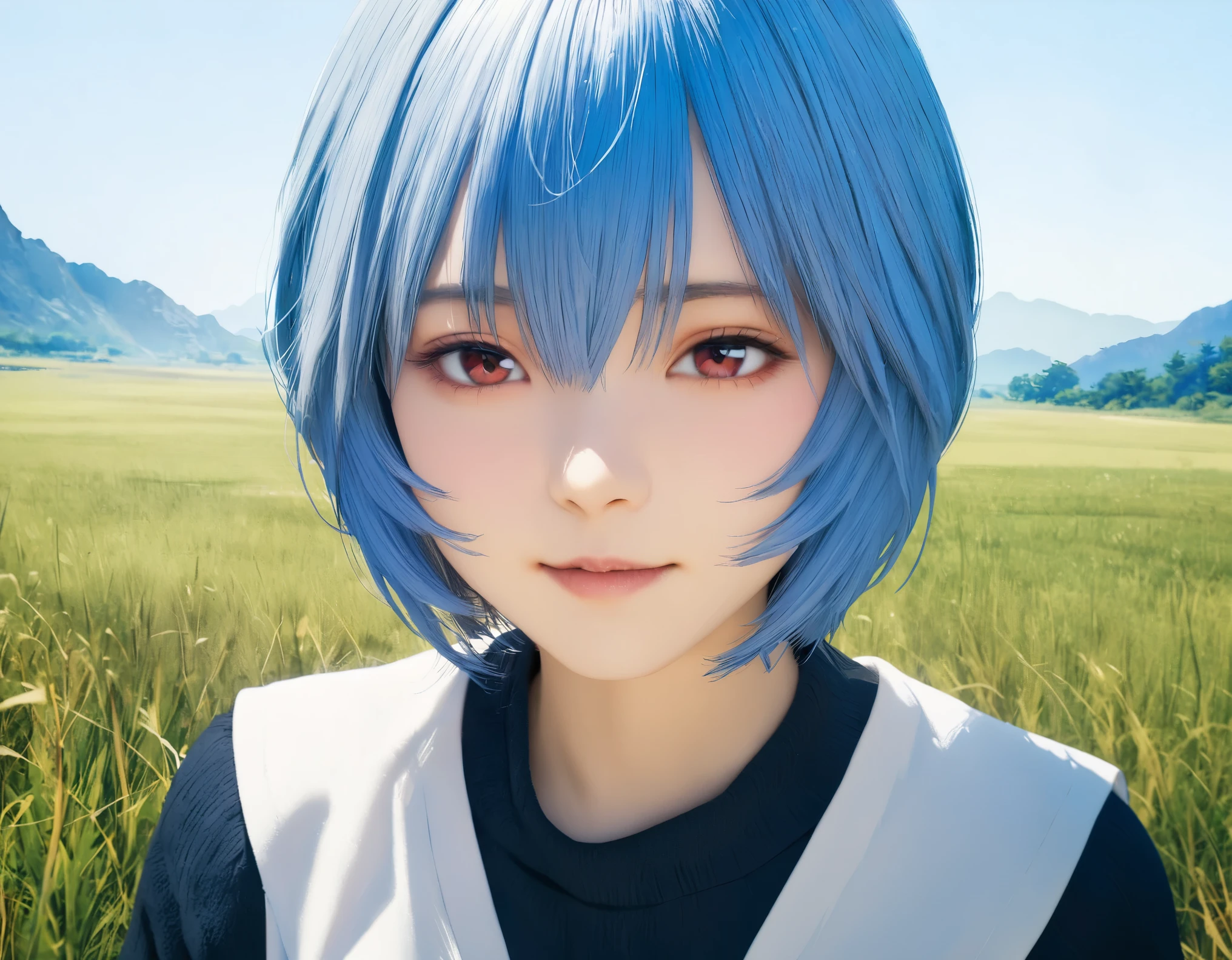 (best quality, 8k, high resolution:1.2), 1girl, ayanami_rei, grassland, blue sky, upper body
