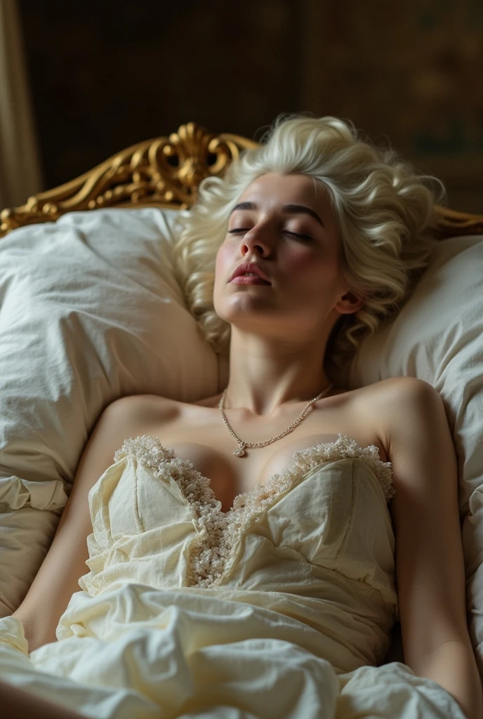 (masterpiece, photorealistic:1.4, extremely intricate:1.3), (photon mapping, radiosity, physically based rendering, ultra resolution, hyper-realistic, 8K), dtx, ((solo 1girl athletic thirty years, makeup:1.0, blonde curly hair, bright red silk pajamas)), eyes closed, peaceful, touching groin, hand on crotch, lying down, tilted side, sleeping, gold white satin bedsheets