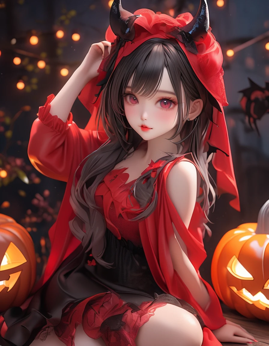 RAW Photos:1.2, masterpiece, Best Quality, 16k, beautiful girl、 very detailed , Perfect cuteness、( cute girl 、 very cute、)、Halloween、Succubus、Realistic、 super realistic