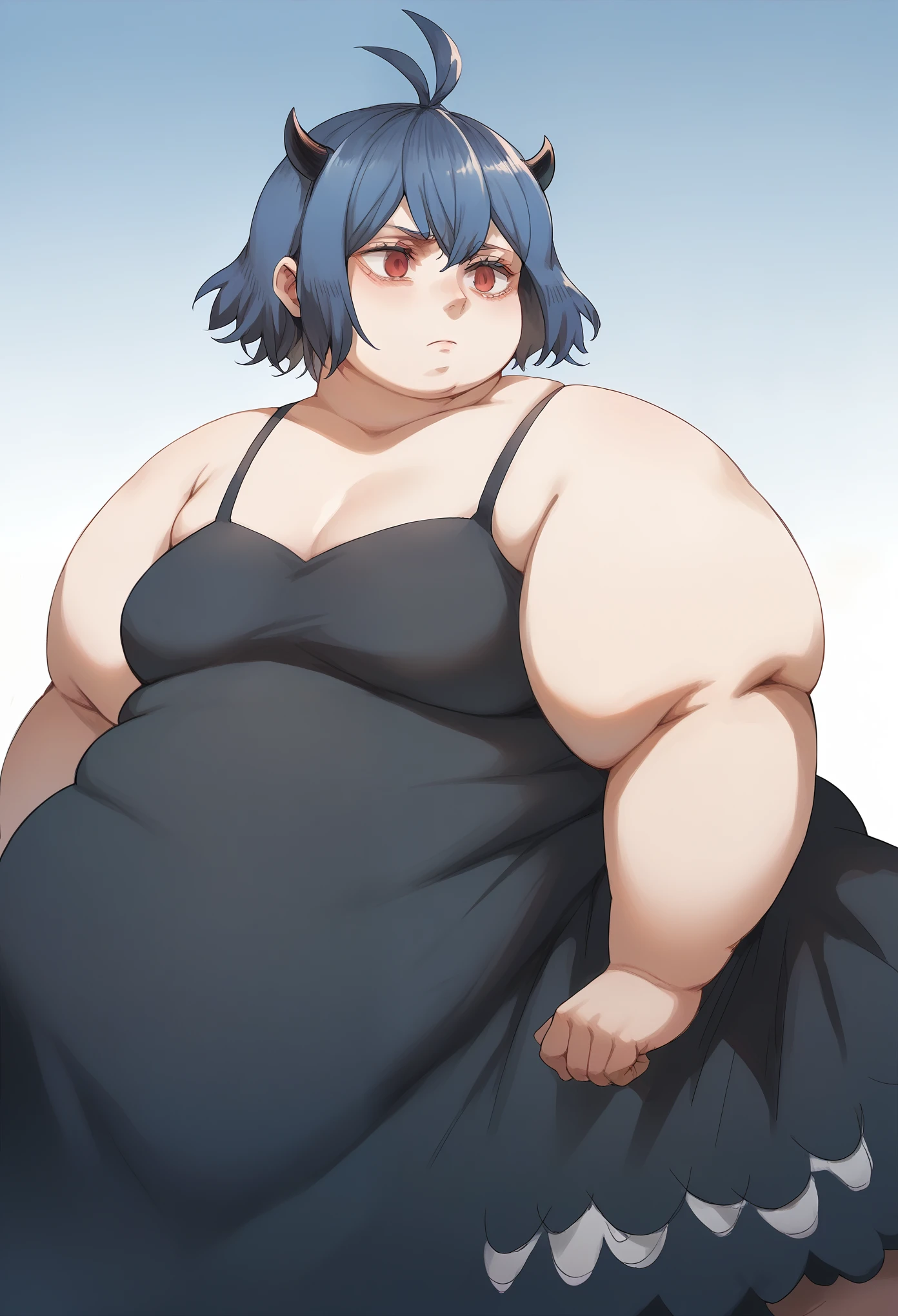 nero_bc, short hair, red eyes, horns, blue hair, antenna hair, collarbone, dress, black dress, bare shoulders, fat, chubby, obese