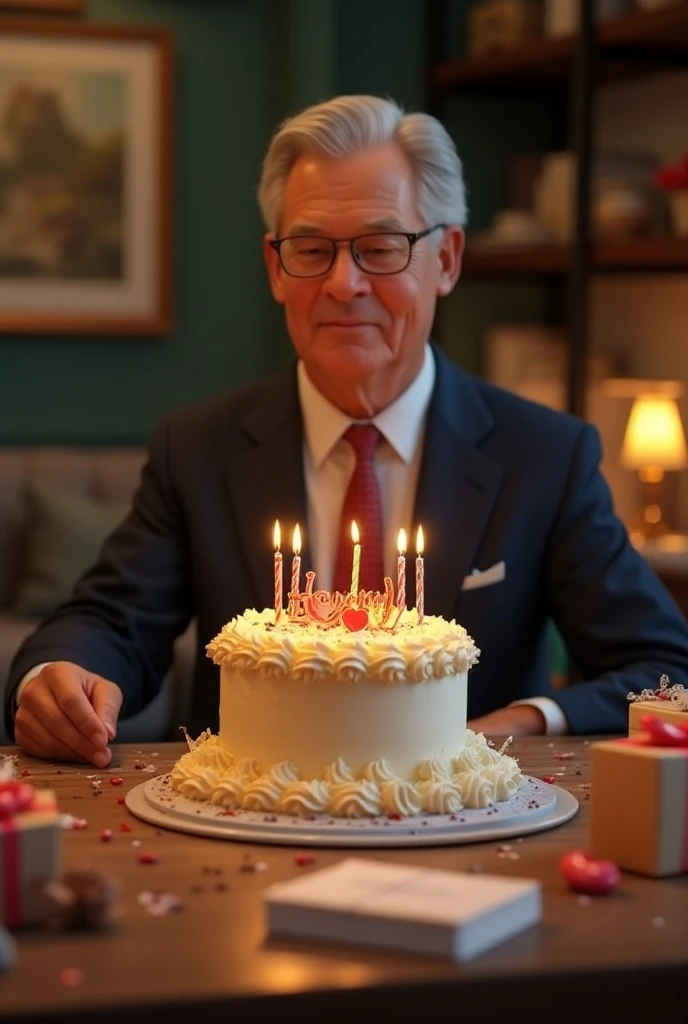 British flag,Elegant middle-aged couple, autumnal, Birthday celebration,The birthday cake