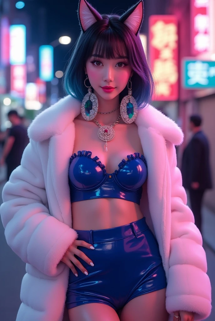 nsfw、sexy female idol、nude lip gloss、smiling face、smoky eyshadow、dramatic lashes、full body Esbian、shiny very large necklace（neon fuchsia)、naked small breasts、shiny glossy latex tight mini skirt（neon fuchsia)、multicolor short hair（neon fuchsia)、long white fluffy fur coat with white fluffy fur（bright white)、conceptual art, High quality, Realistic, extremely detailed CG unified 8k wallpaper, highly detailed, High-definition raw color photos, professional photography, Realistic portrait, Cinematic Light, Beautiful detailed, Super Detail, high details, (((Bokeh))), depth of fields, illumination, Neon Street, Super stylish lighting