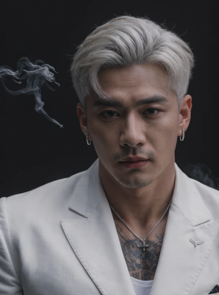 (8k photo, best quality, masterpiece:1.2),(realistic, photo-realistic:1.37) young ,handsome man, Mark Tuan, Got7, white skin, detail face, grey bright eye, white hair, black suit, bad boy, yakuza, tattoo, smoke cigarrate, a lots gangster night town in backdrop, action pose, skull earring, necklage,