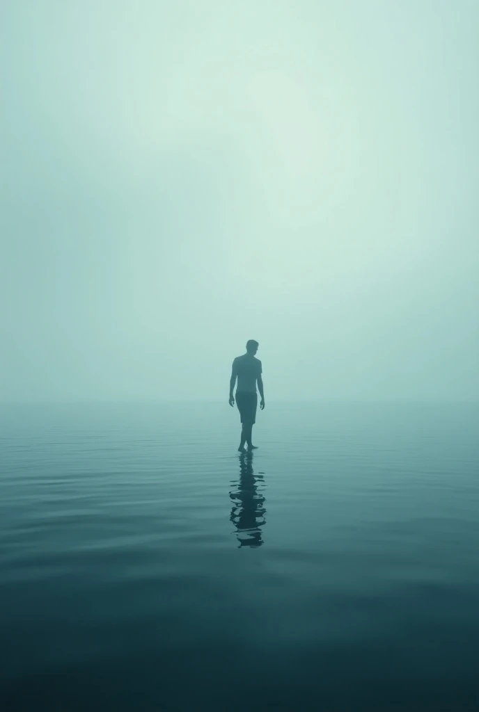 mysterious fog, in the distance a silhouette of a humanoid creature can be seen dipping in the river