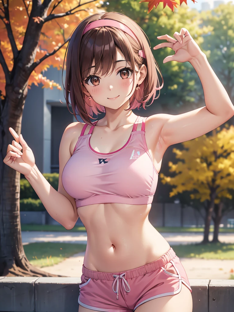  High Resolution ,cute, Brown Eyes ,Brown Hair,Five fingers,20-year-old woman,solo, pink sports bra , pink shorts, pink hair band ,smile,B Cup, short hair,Looking at the camera,Blurred Background,Autumn park,