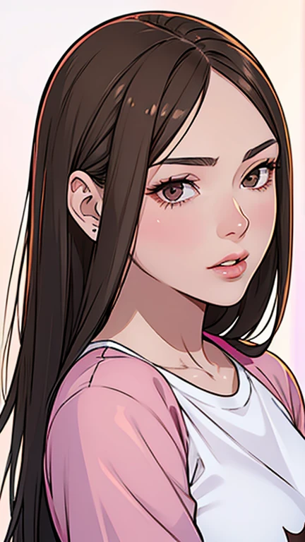 Girl, long straight brown hair, brown eyes, sharp features, white skin, bright pink lips, perfect, t-shirt, jacket