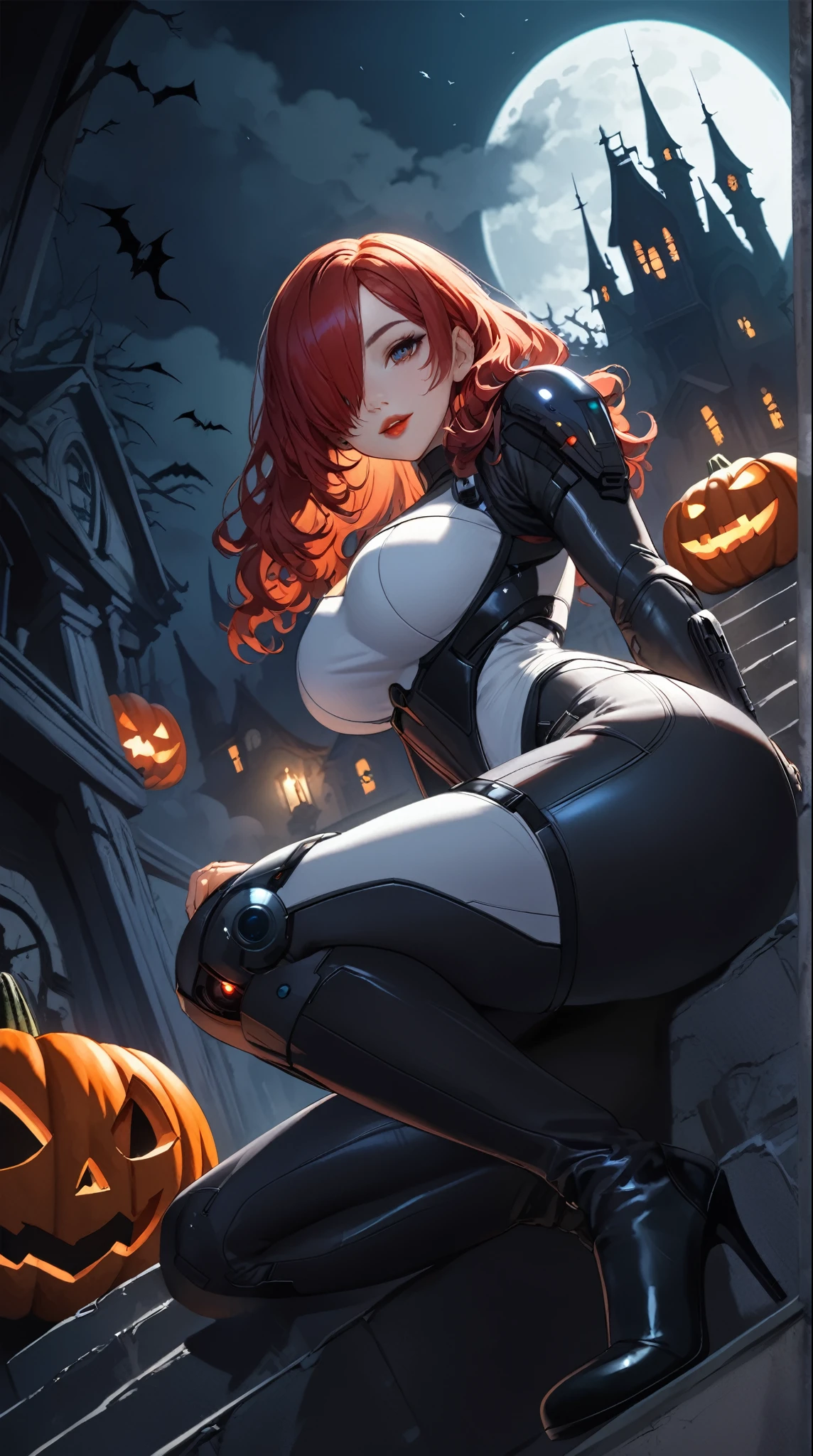 Anime girl in a skeleton suit with glasses and a red hair, necromante roupa de caveira, meninaqueleto, monstergirl, demon girl, menina anime, mulher do diabo de corpo inteiro, Zenkai de corpo inteiro! terno asuka, pose assustadora, Succubus, menina monstro aniime estilo 3d