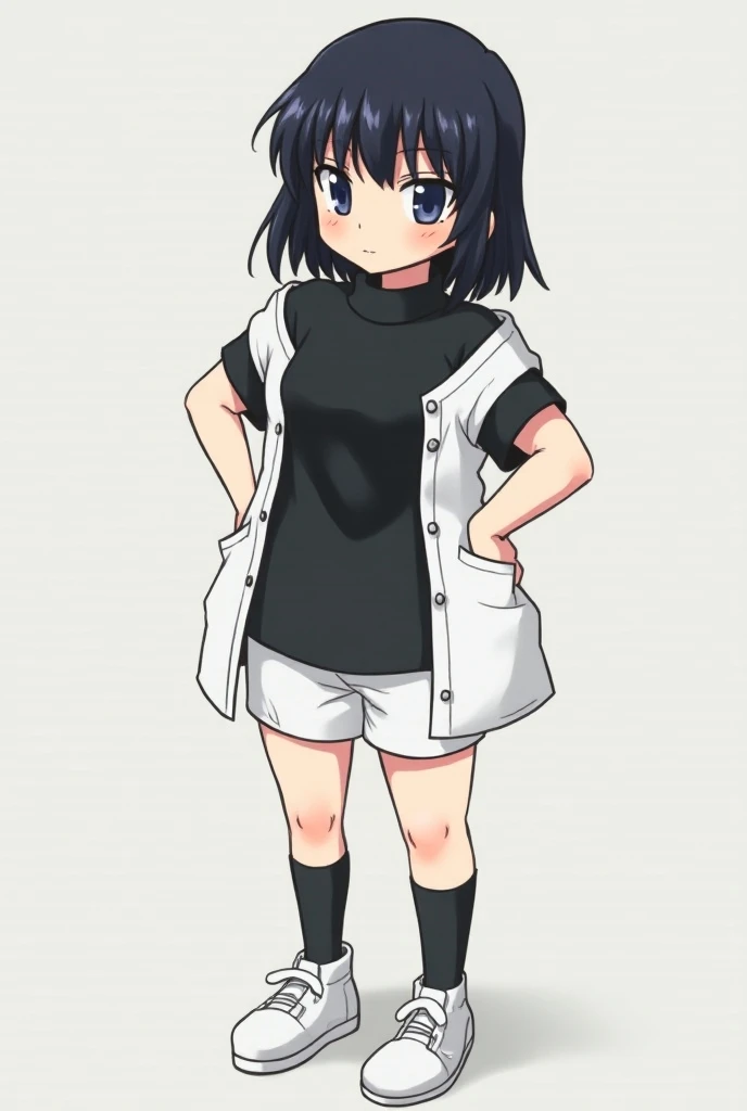 1girl ,20s,mature female,short hair,dark blue hair,oni horns,blue eyes,(white background, simple background),school Swimsuit,runing,scared,full body,holding schoolbag