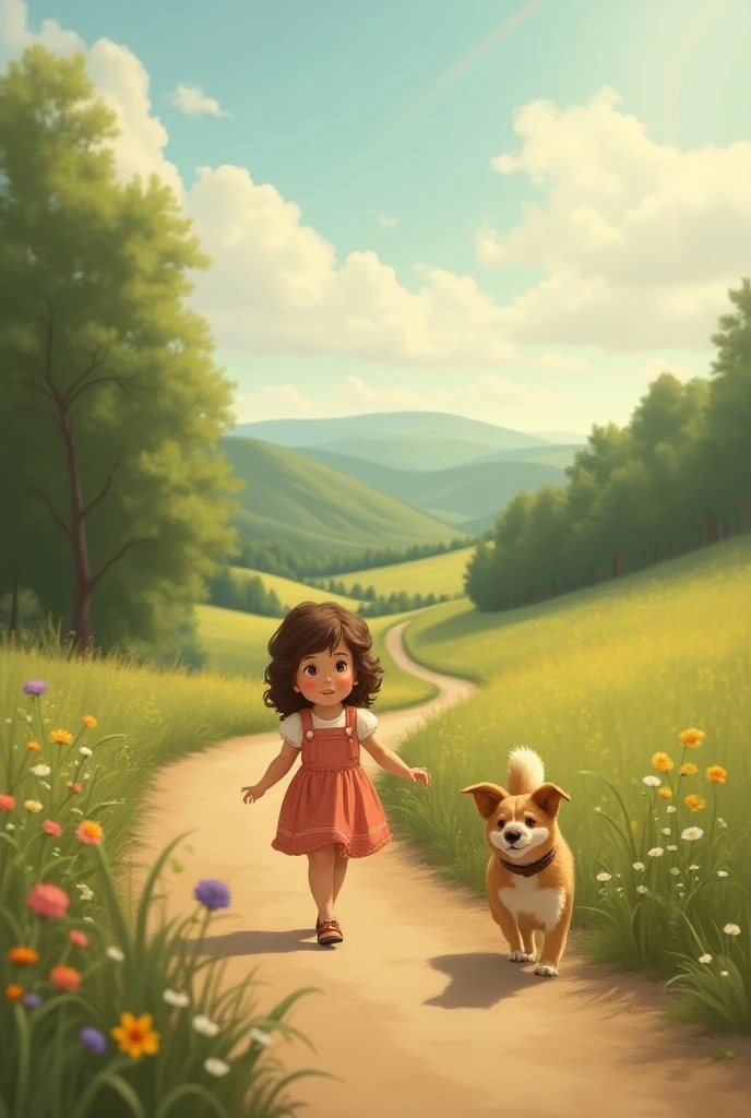 A baby girl walking in the road with dog