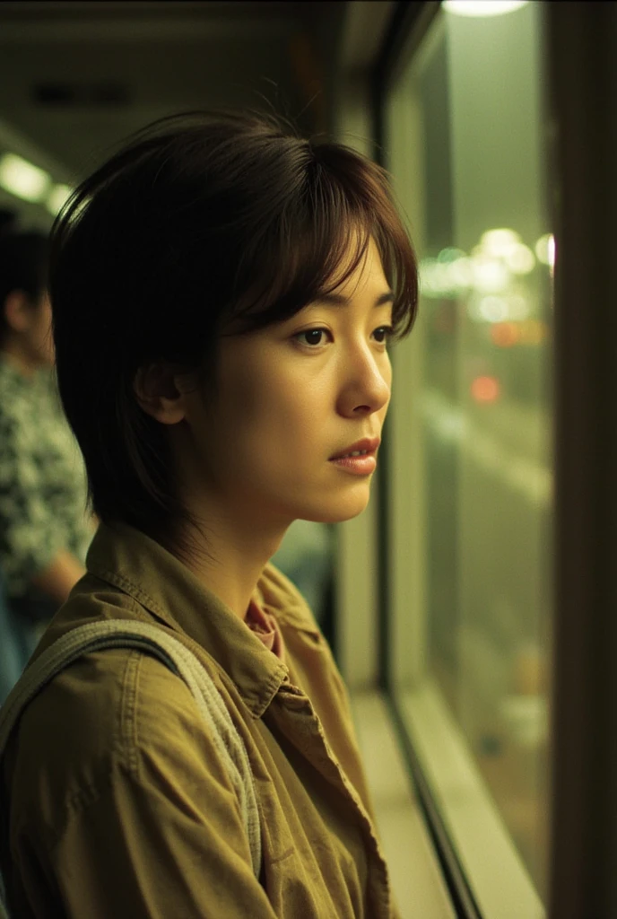 Cinematography,  Wong Ka-wai's movie vibe、Profile portrait of a Japanese woman、Age 35，disheveled short dark hair，Woman in plain hemp shirt 、 woman looking out of the train window while pensive. What you can see from the train window is Tokyo at night . Realistic, 4K quality,  textured skin ,  photograph taken on vintage film 、Rediscovered、 Grainy Emotional Quality 、Faded photo、Early 90s vibe、Old Photos,Background blur