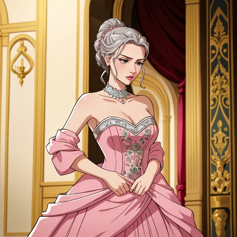 Woman, serious, elegant, pink dress, aristocratic, silver elements, long nails, bare shoulders, hairstyle, hair up, braid and ponytail, messy, arrogant, absurdes, detailed dress, royalty, celebration, hall decorated with flowers, cowboy shot, portrait, (best quality), (masterpiece), (highly detailed), (4k)