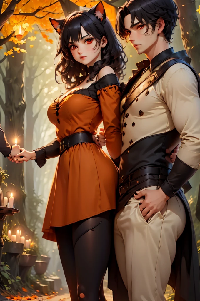  a couple holding hands the boy is Neocruz black hair, brown eyes. y la chica es black hair, cat ears, red eyes, on a path through the woods with pumpkins ., fog,  autumnal landscape , sunlight filtering through the fog and branches, ((Halloween theme, candles, officer, night))