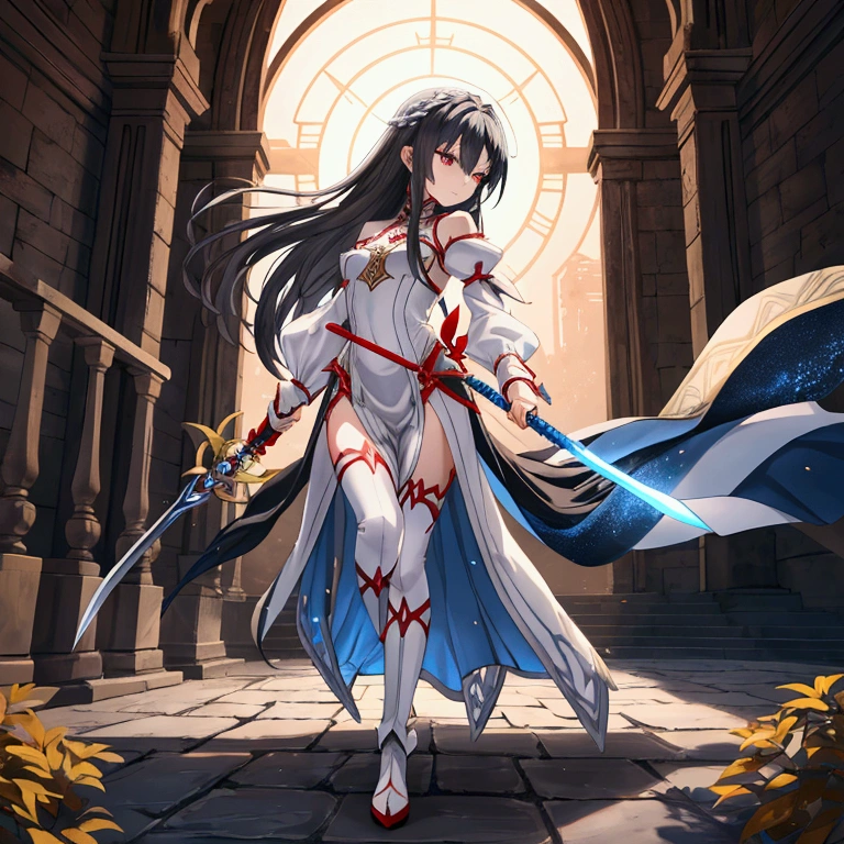 "A slender woman with long, flowing black hair, standing at 160 cm tall, weighing 45 kg, with a petite chest. Her eyes are a soft, pale blue, giving her a mysterious aura. She is wearing an outfit inspired by Asuna from SAO, featuring a sleek and elegant white dress with red and silver armor-like accents. The outfit includes intricate details, such as a fitted bodice, red ribbons, and metallic designs on the sleeves and boots, giving her a warrior-like yet graceful appearance. In her hand, she holds a beautifully crafted rapier, inspired by Asuna’s weapon from SAO. The rapier features an intricate hilt with silver and blue accents, and the blade is long, slender, and razor-sharp, catching the light as it moves. The crossguard is delicately carved, with ornate patterns running down to the handle, offering both elegance and functionality. She is posed mid-action, swinging the sword with precision and grace, her body turning dynamically as the blade cuts through the air, leaving a trail of energy behind. The background depicts a dimly lit, ancient temple, with flickering torches casting shadows on weathered stone walls, adding a sense of mystery and depth to the scene. The image is rendered in ultra-high quality, capturing every fine detail with stunning clarity, from the flowing movement of her dress and hair to the shining armor pieces, and the precise, glowing effect of the rapier in motion."