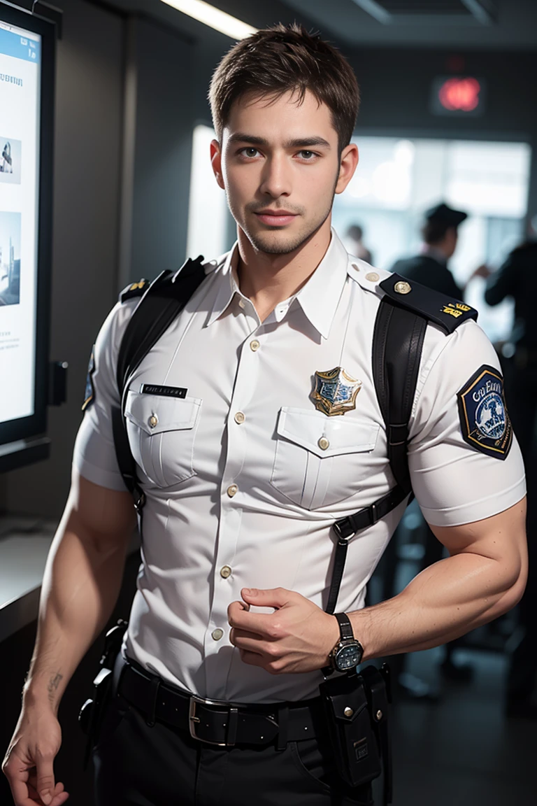 ((Men only)), (back view), (Tanned handsome muscular male police officer in his 20's ), He is Tall, well-built, clean-shaven male officer with a stern gaze, wearing the iconic LAPD uniform and badge, exuding authority and confidence, Chris Redfield, Mischievous smile, (detaile: 1 in 1), Natural muscles, HIG quality, beautidful eyes, (Detailed face and eyes), (Face、: 1 / 2), Noise, Real Photographics、... ............................................................................PSD, Sharp Focus, High resolution 8K, realisitic & Professional Photography, 8K UHD, Soft lighting, High quality, Film grain, FujifilmXT3