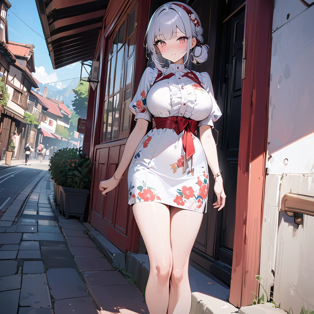 (( best quality, 8k, masterpiece: 1.3)), 1個Giant Breast Girl, Slim and beautiful: 1.3, (Long white hair: 1.2), Floral Dress, Long legs: 1.1, The face is very delicate, Fine Eye, double eyelid, Outdoors